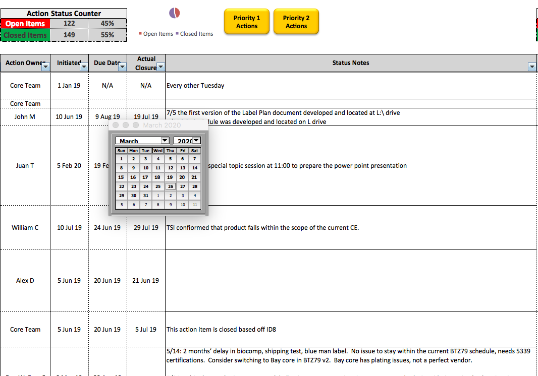 Project Management Action Log in excel