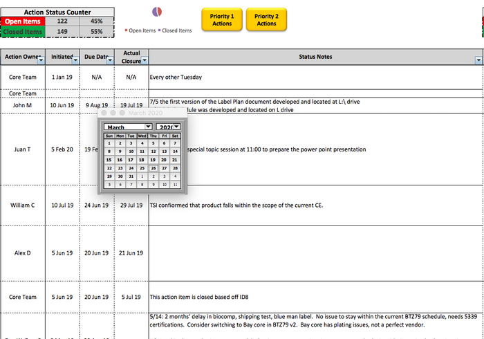 Program Management Action Log