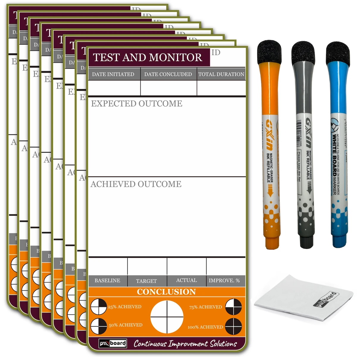 Kaizen Test & Monitor Magnetic Cards Set – 8 Pack | Lean KPI Tracking & Continuous Improvement Cards